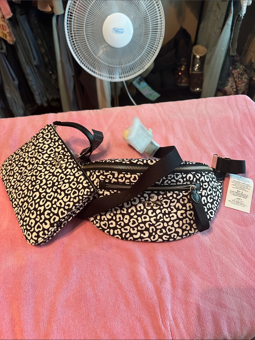 kate spade Black & White Leopard Print Crossbody Belt Bag with Pouch